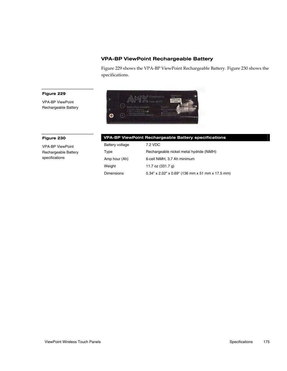 Vpa-bp viewpoint rechargeable battery | AMX Wireless Touch Panels (Wave Server) User Manual | Page 185 / 198