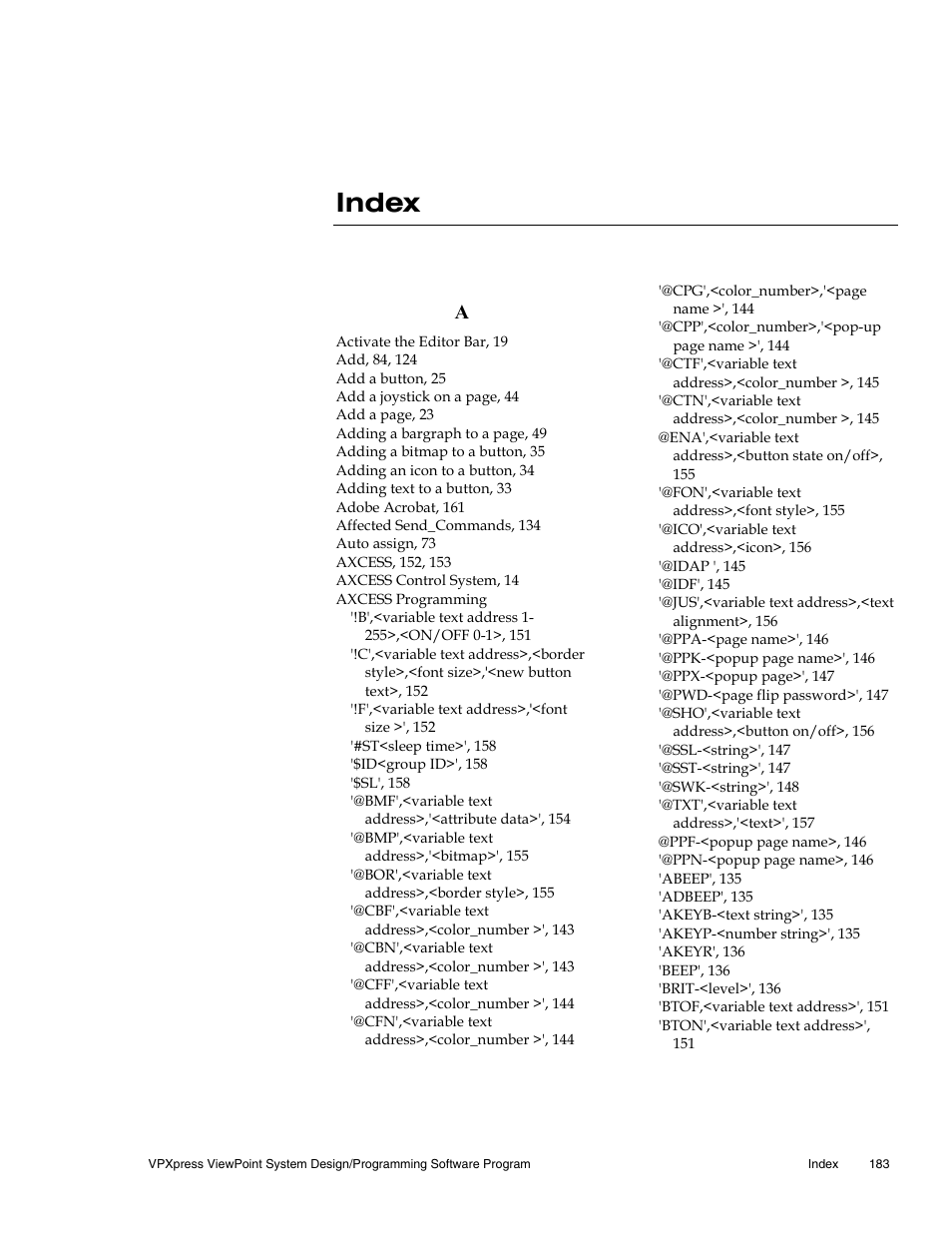 Index | AMX Wireless Touch Panels (Wave Server) User Manual | Page 193 / 198