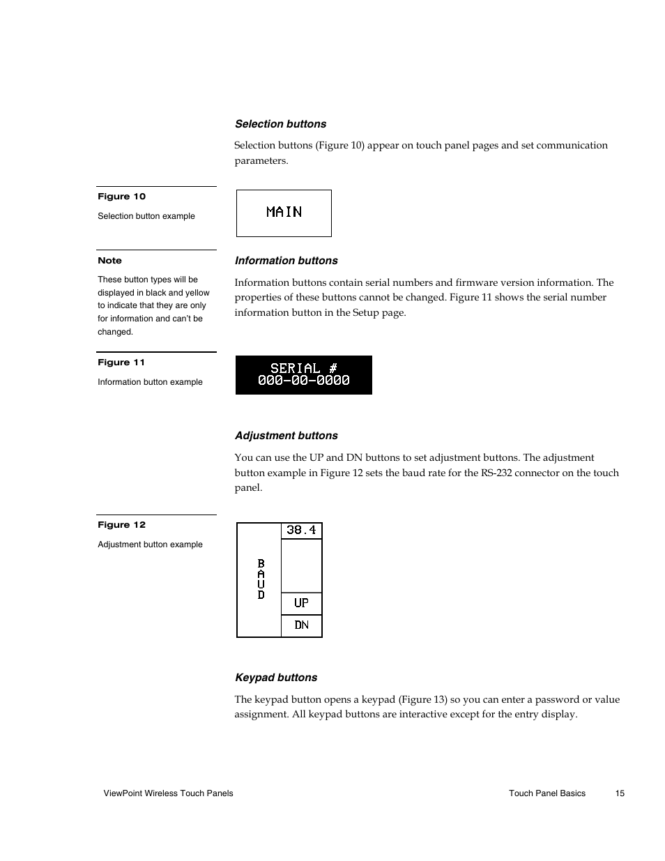 Selection buttons, Information buttons, Adjustment buttons | Keypad buttons | AMX Wireless Touch Panels (Wave Server) User Manual | Page 25 / 198