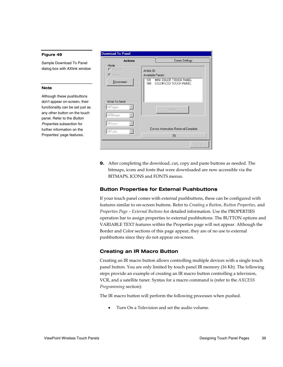 Button properties for external pushbuttons, Creating an ir macro button | AMX Wireless Touch Panels (Wave Server) User Manual | Page 49 / 198