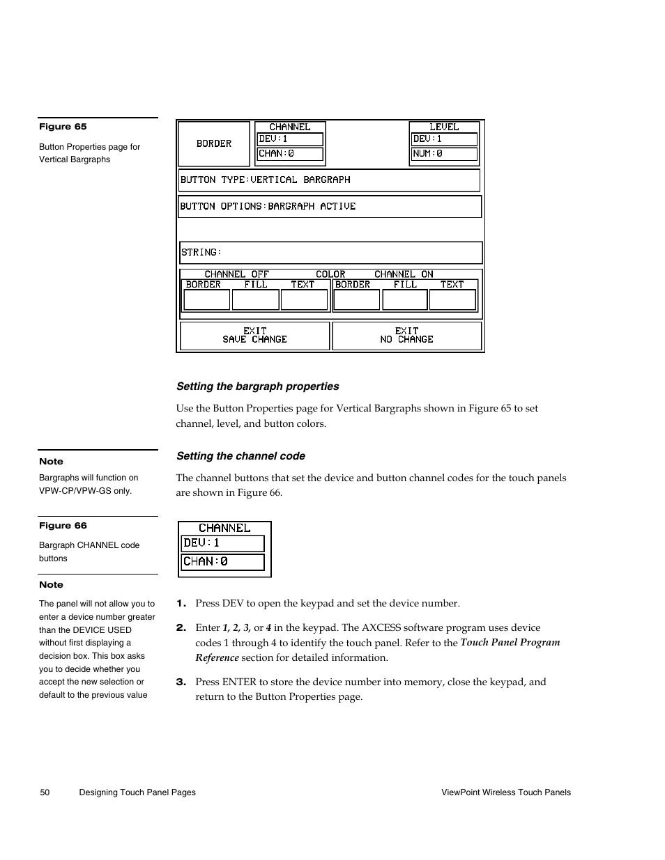 Setting the bargraph properties, Setting the channel code | AMX Wireless Touch Panels (Wave Server) User Manual | Page 60 / 198