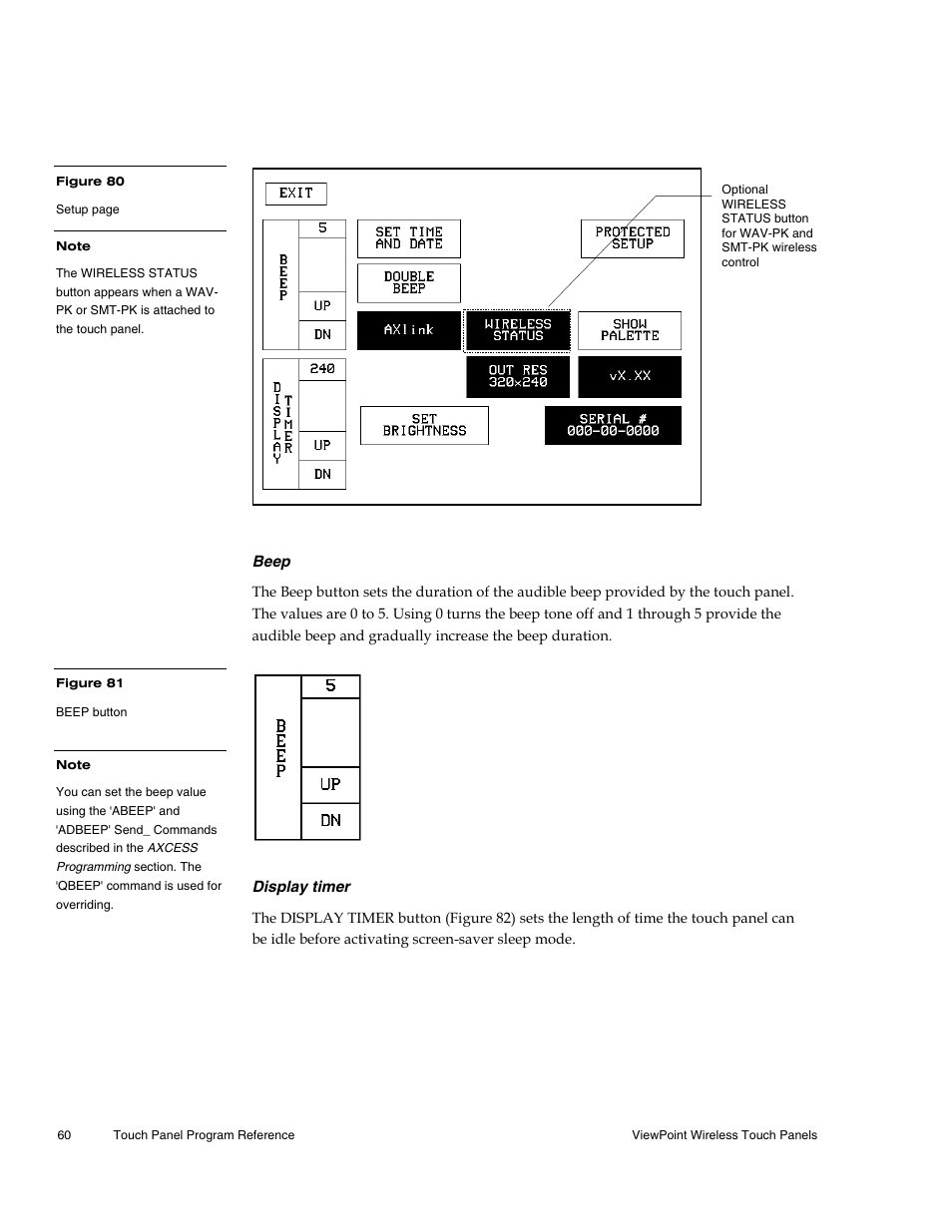 Beep, Display timer | AMX Wireless Touch Panels (Wave Server) User Manual | Page 70 / 198