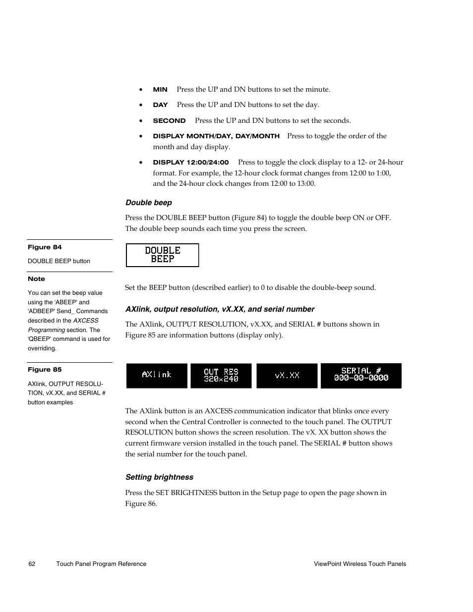 Double beep, Setting brightness | AMX Wireless Touch Panels (Wave Server) User Manual | Page 72 / 198