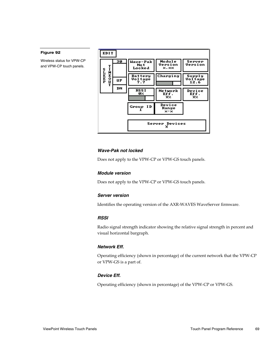 Wave-pak not locked, Module version, Server version | Rssi, Network eff, Device eff | AMX Wireless Touch Panels (Wave Server) User Manual | Page 79 / 198