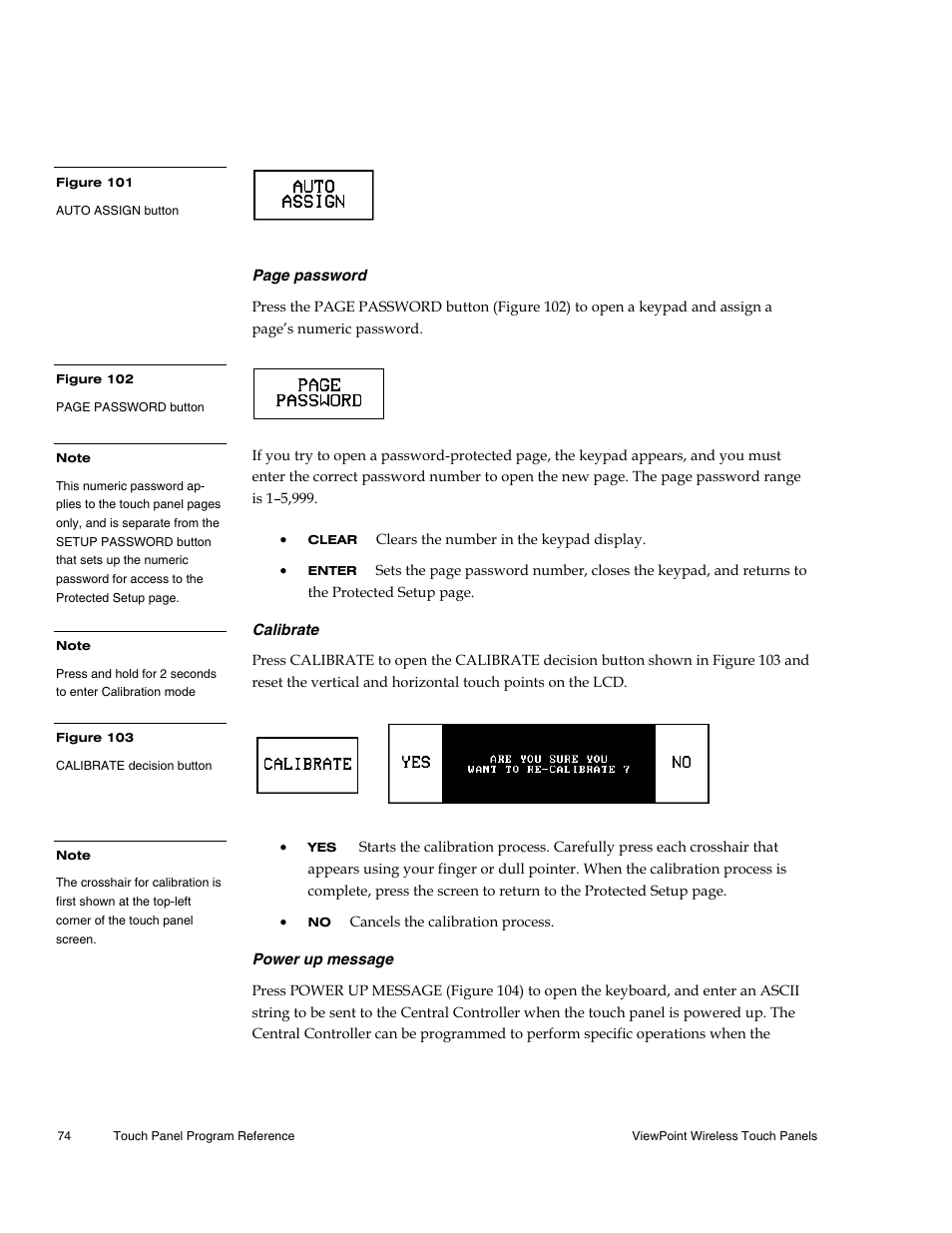 Calibrate, Power up message | AMX Wireless Touch Panels (Wave Server) User Manual | Page 84 / 198