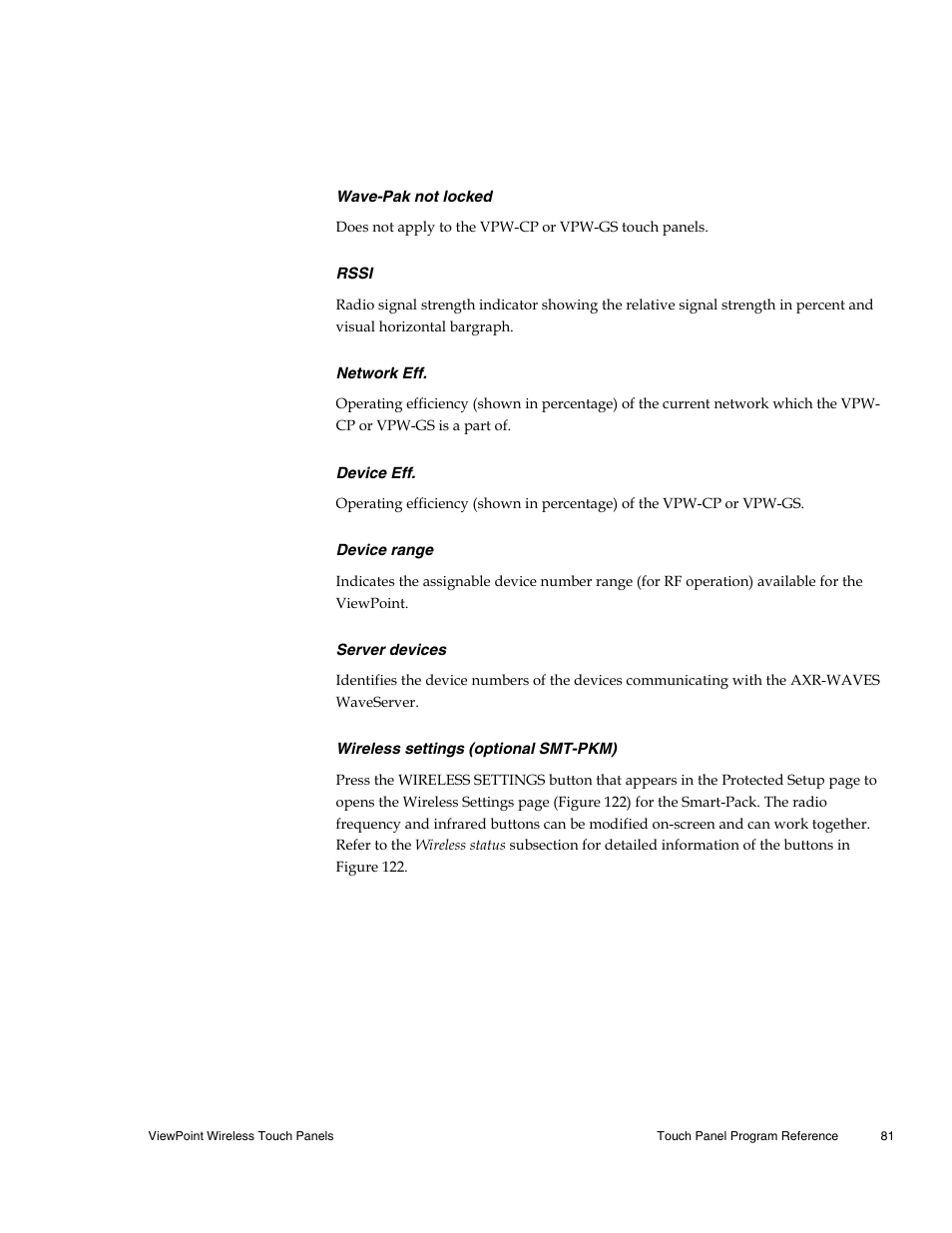 Wave-pak not locked, Rssi, Network eff | Device eff, Device range, Server devices, Wireless settings (optional smt-pkm) | AMX Wireless Touch Panels (Wave Server) User Manual | Page 91 / 198