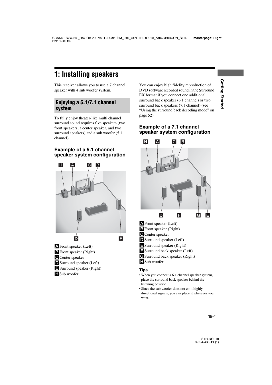 Installing speakers, Enjoying a 5.1/7.1 channel system | Sony STR-DG910 User Manual | Page 15 / 100