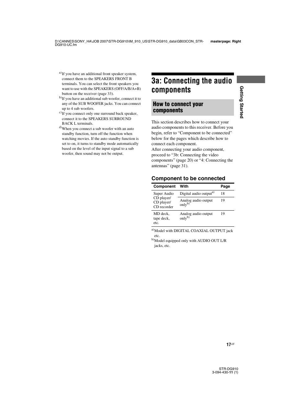 3a: connecting the audio components, How to connect your components, Component to be connected | Sony STR-DG910 User Manual | Page 17 / 100
