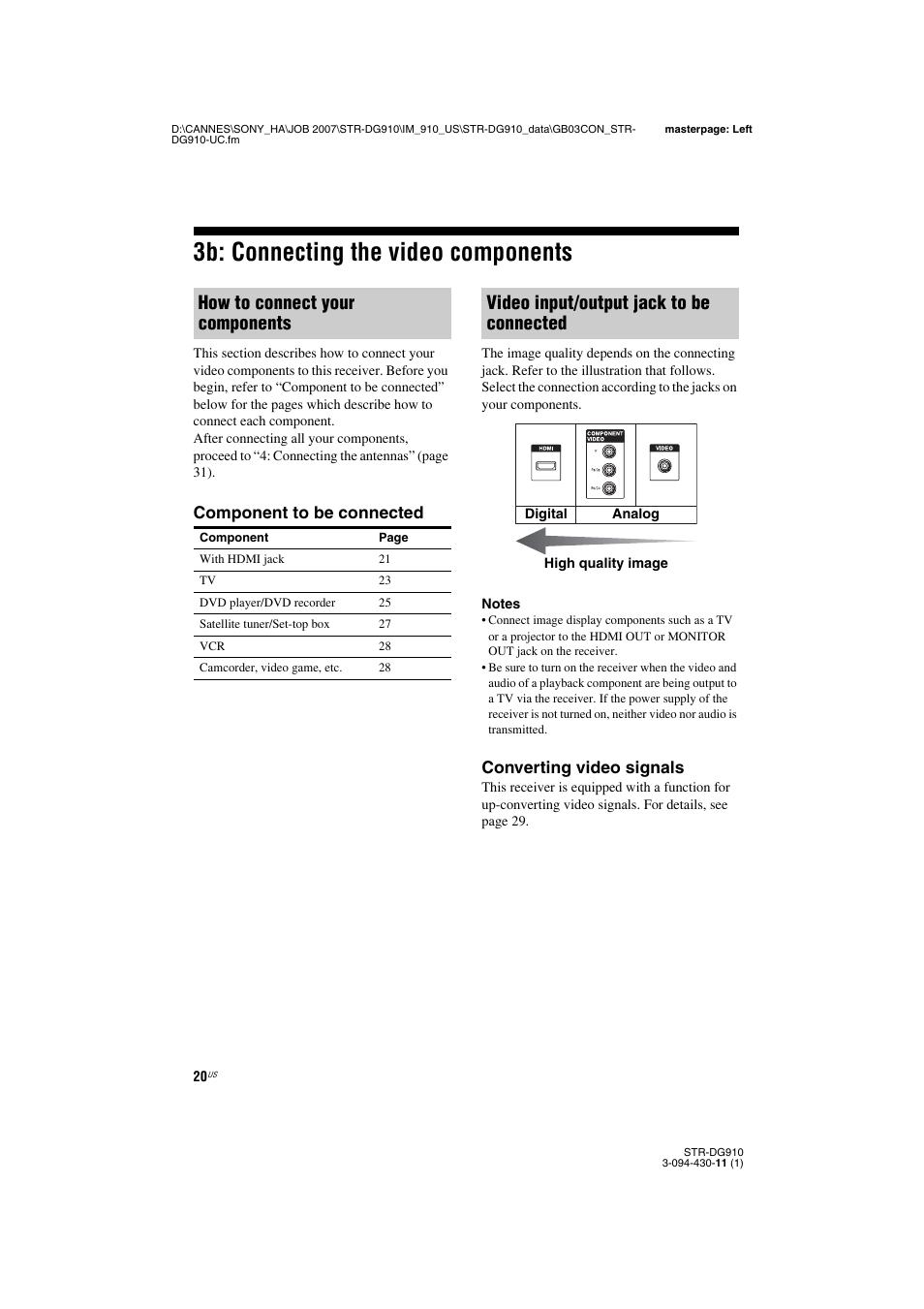 3b: connecting the video components, Component to be connected, How to connect your components | Video input/output jack to be connected, Converting video signals | Sony STR-DG910 User Manual | Page 20 / 100