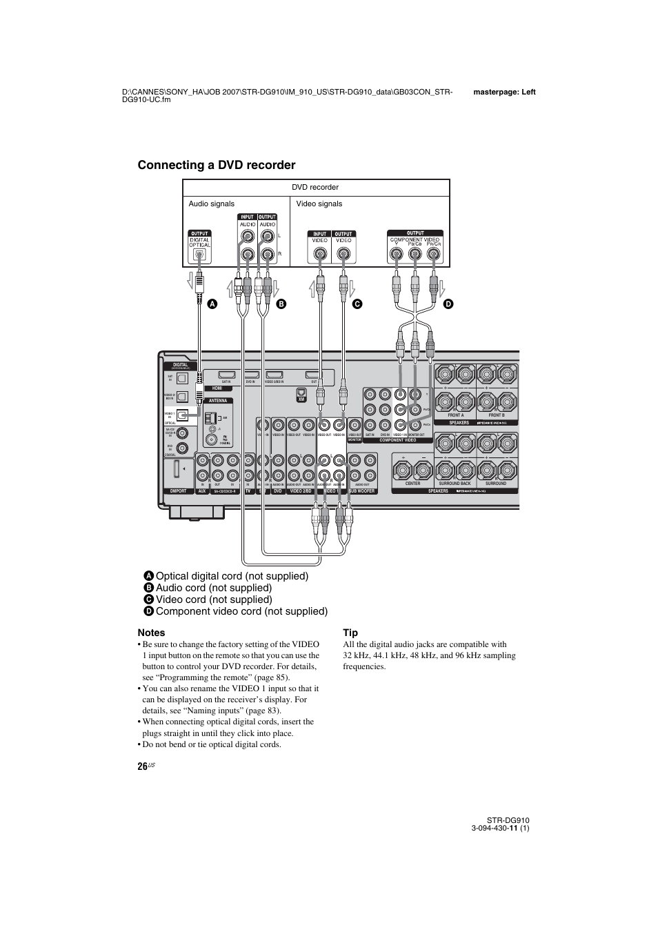 Connecting a dvd recorder, Dvd recorder audio signals video signals | Sony STR-DG910 User Manual | Page 26 / 100