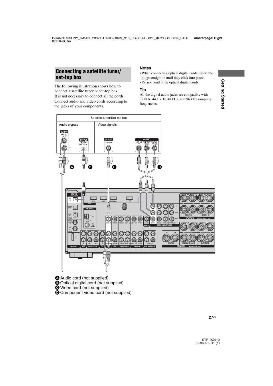 Connecting a satellite tuner/ set-top box, Audio signals video signals, Satellite tuner/set-top box | Sony STR-DG910 User Manual | Page 27 / 100