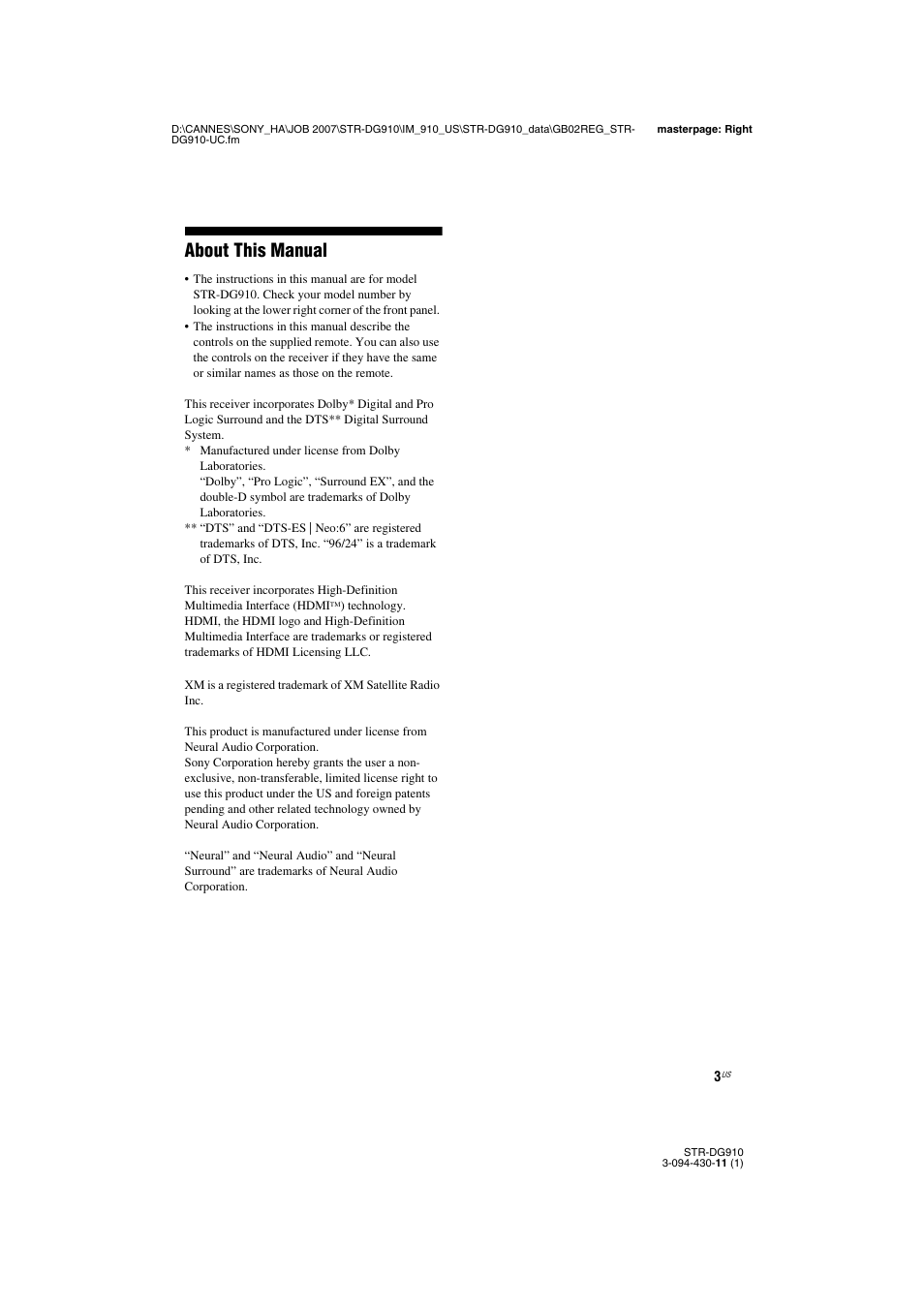 About this manual | Sony STR-DG910 User Manual | Page 3 / 100