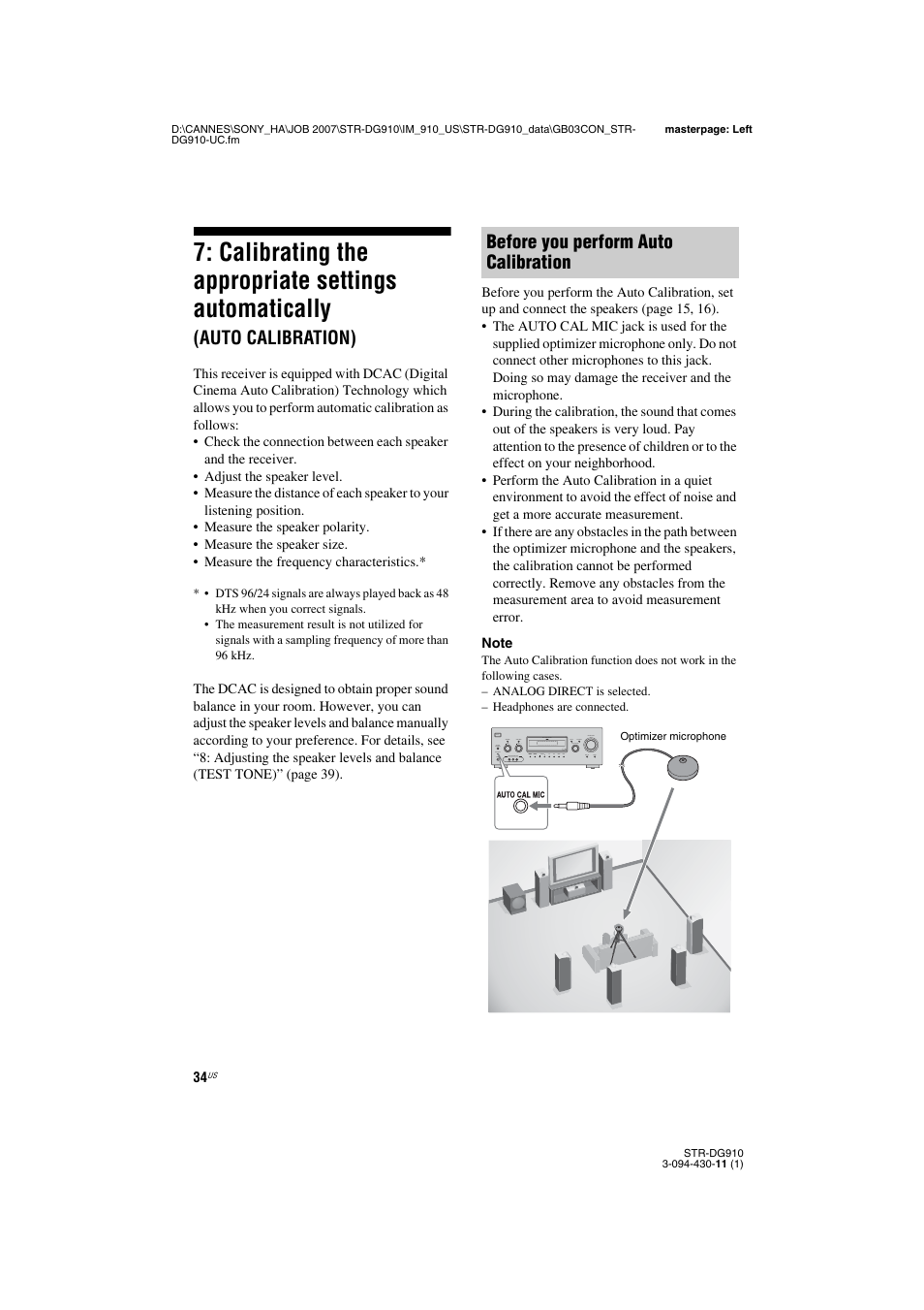 Calibrating the appropriate settings, Automatically (auto calibration), Calibrating the appropriate settings automatically | Auto calibration), Before you perform auto calibration | Sony STR-DG910 User Manual | Page 34 / 100