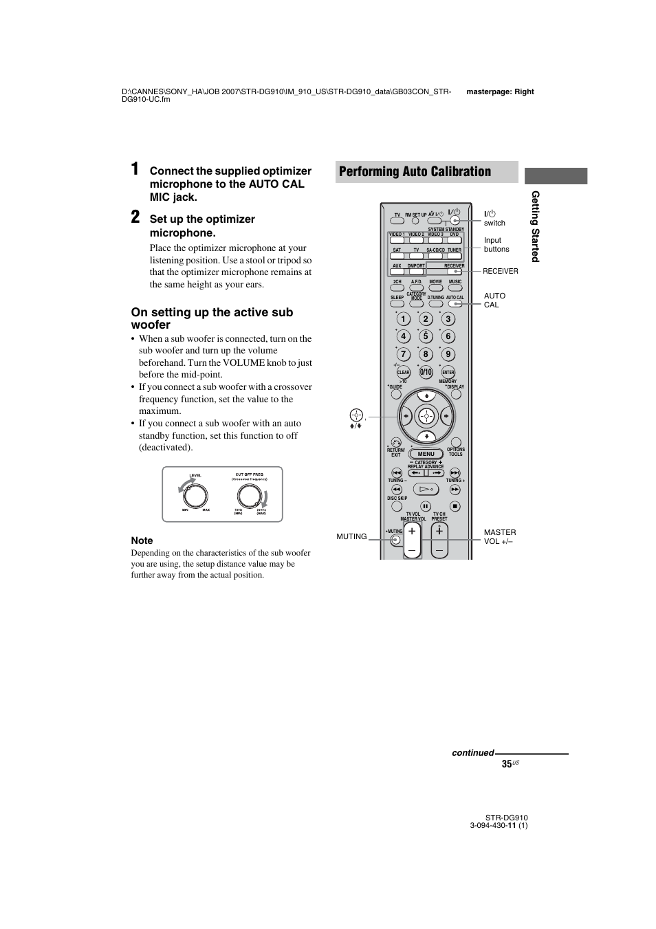 Performing auto calibration, On setting up the active sub woofer, Set up the optimizer microphone | Getting star ted | Sony STR-DG910 User Manual | Page 35 / 100
