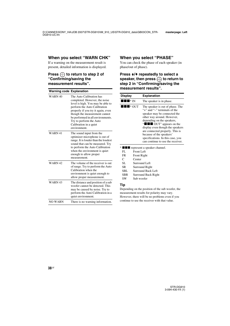 When you select “warn, See “when you, When you select “warn chk | When you select “phase | Sony STR-DG910 User Manual | Page 38 / 100