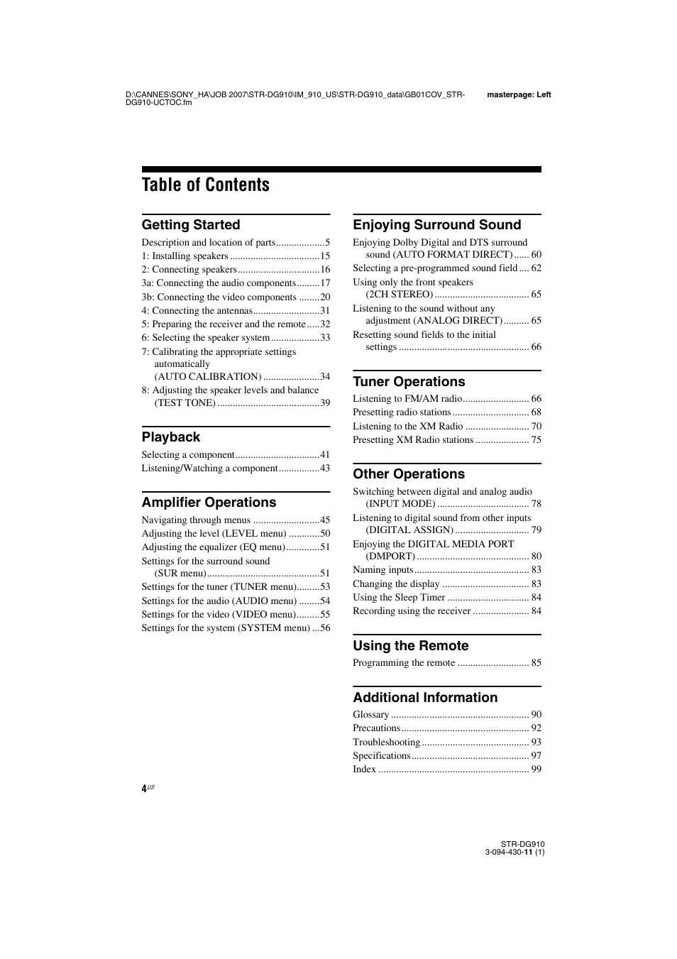 Sony STR-DG910 User Manual | Page 4 / 100