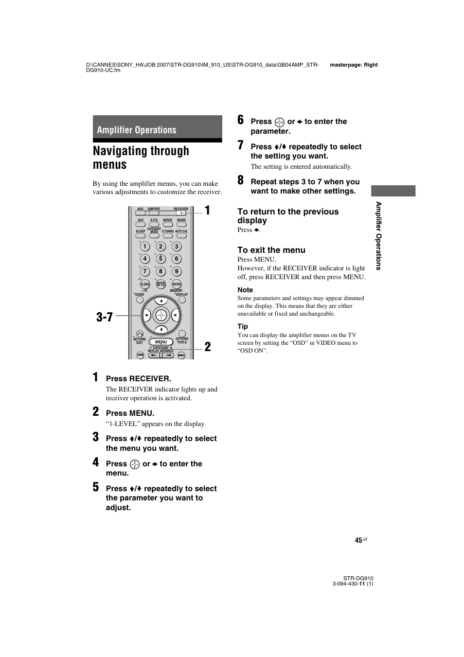 Amplifier operations, Navigating through menus | Sony STR-DG910 User Manual | Page 45 / 100