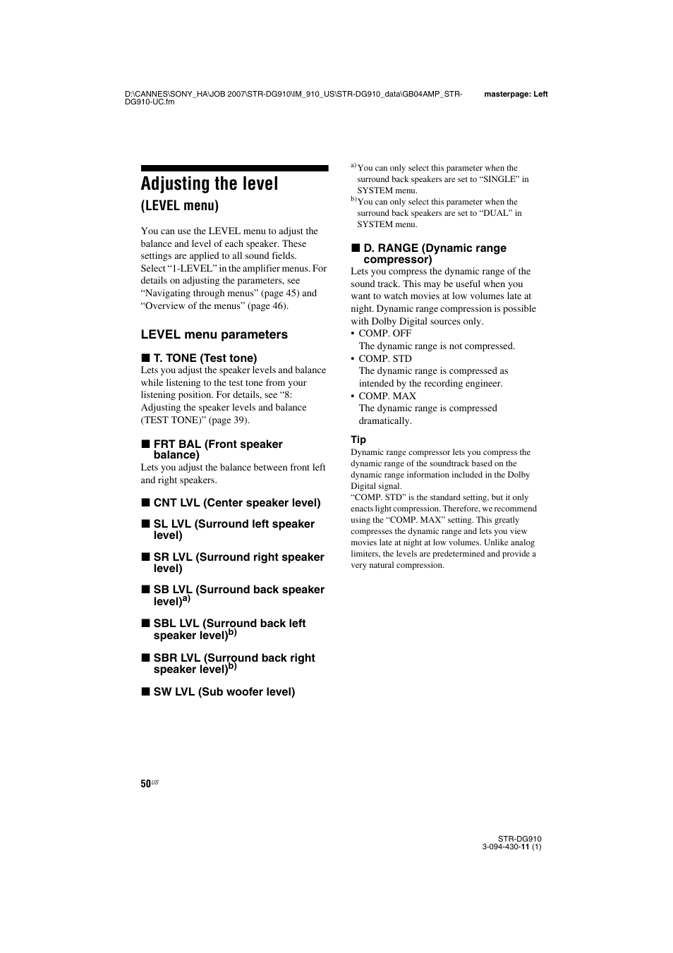 Adjusting the level (level menu), Adjusting the level, Level menu) | Sony STR-DG910 User Manual | Page 50 / 100
