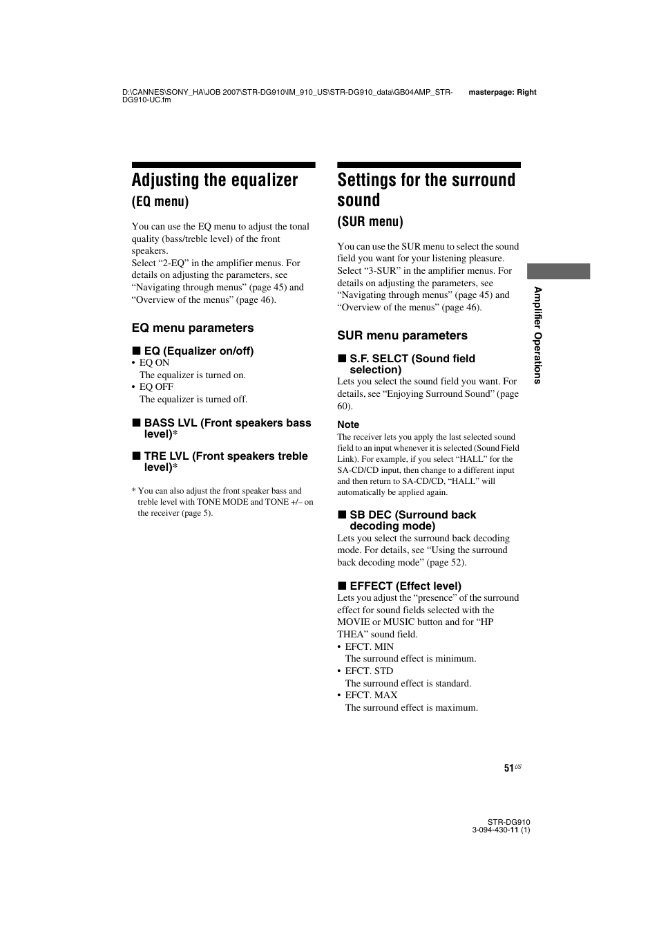Adjusting the equalizer (eq menu), Settings for the surround sound (sur menu), Sur menu) | Adjusting the equalizer, Settings for the surround sound, Eq menu) | Sony STR-DG910 User Manual | Page 51 / 100