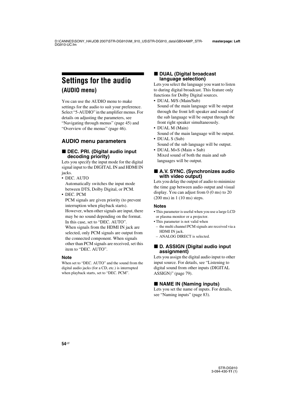 Settings for the audio (audio menu), Settings for the audio, Audio menu) | Sony STR-DG910 User Manual | Page 54 / 100