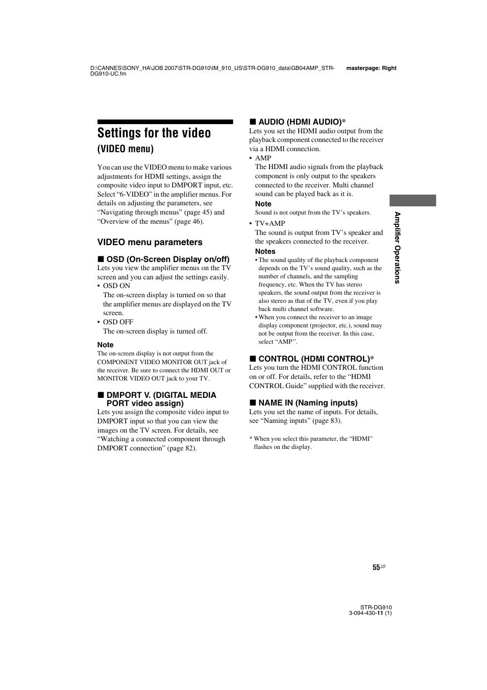 Settings for the video (video menu), Settings for the video, Video menu) | Sony STR-DG910 User Manual | Page 55 / 100
