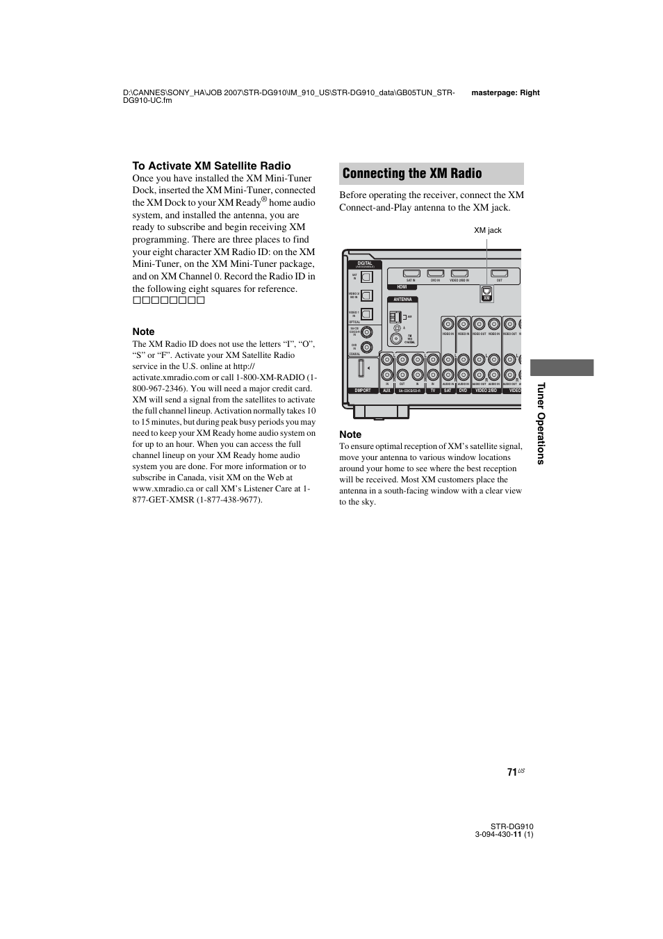 Connecting the xm radio, Tu ne r operations | Sony STR-DG910 User Manual | Page 71 / 100