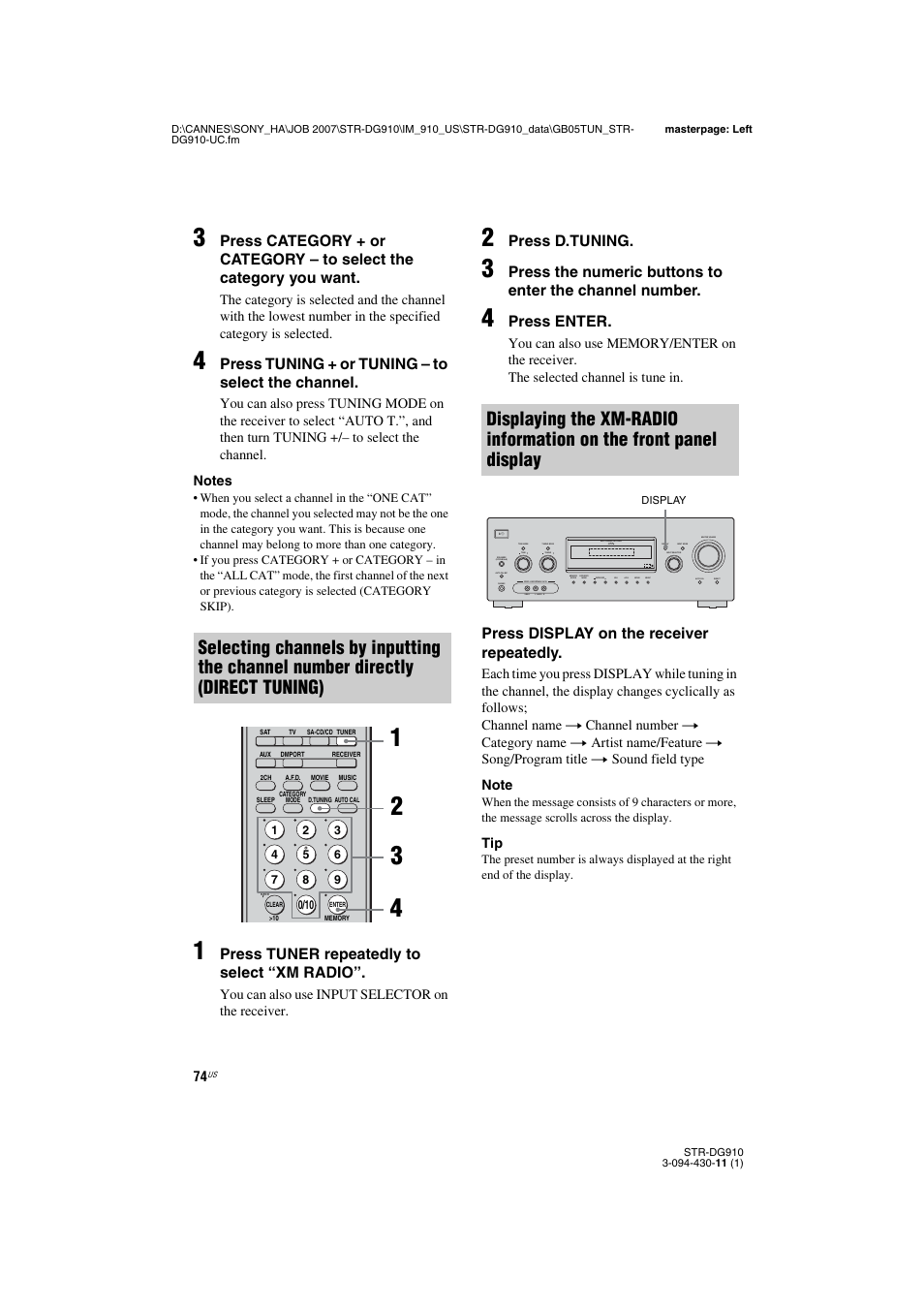 Age 74, Press tuning + or tuning – to select the channel, Press tuner repeatedly to select “xm radio | Press d.tuning, Press enter, Press display on the receiver repeatedly, You can also use input selector on the receiver, Multi channel decoding | Sony STR-DG910 User Manual | Page 74 / 100