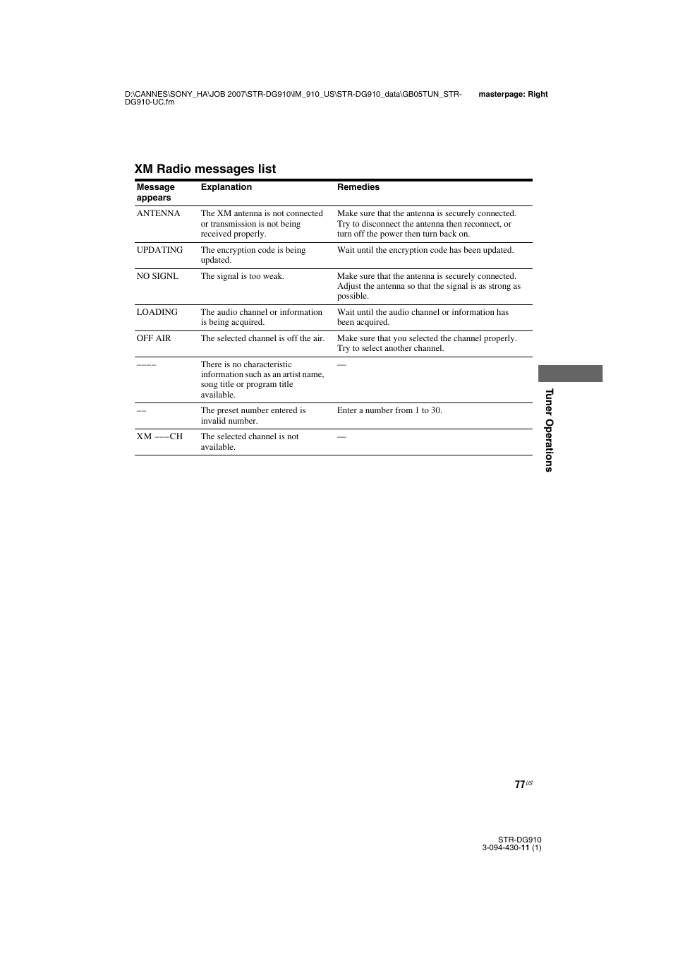 Xm radio messages list | Sony STR-DG910 User Manual | Page 77 / 100