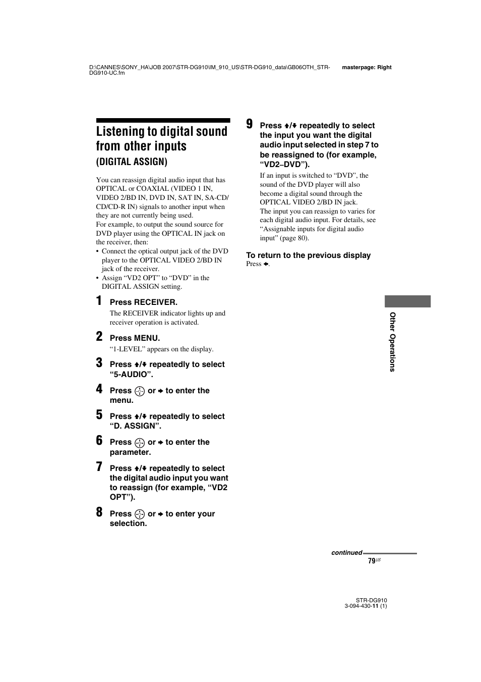 Listening to digital sound from other inputs, Digital assign) | Sony STR-DG910 User Manual | Page 79 / 100