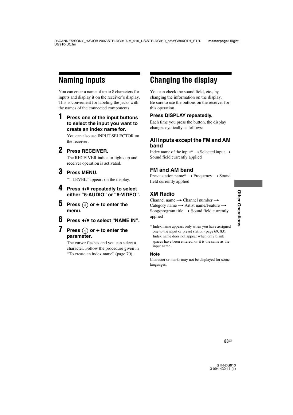 Naming inputs, Changing the display, Naming inputs changing the display | Sony STR-DG910 User Manual | Page 83 / 100