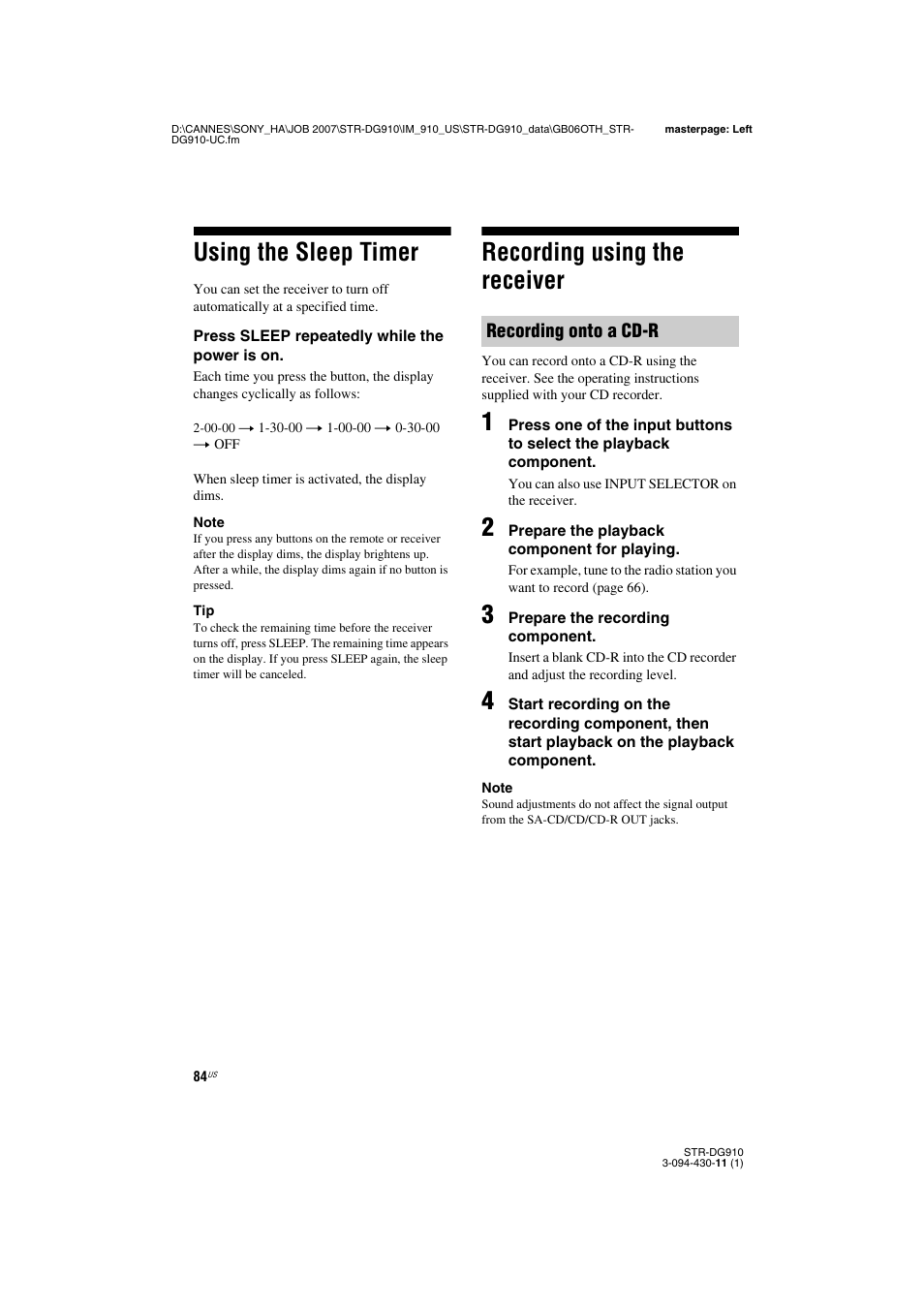 Using the sleep timer, Recording using the receiver, Using the sleep timer recording using the receiver | Recording onto a cd-r | Sony STR-DG910 User Manual | Page 84 / 100