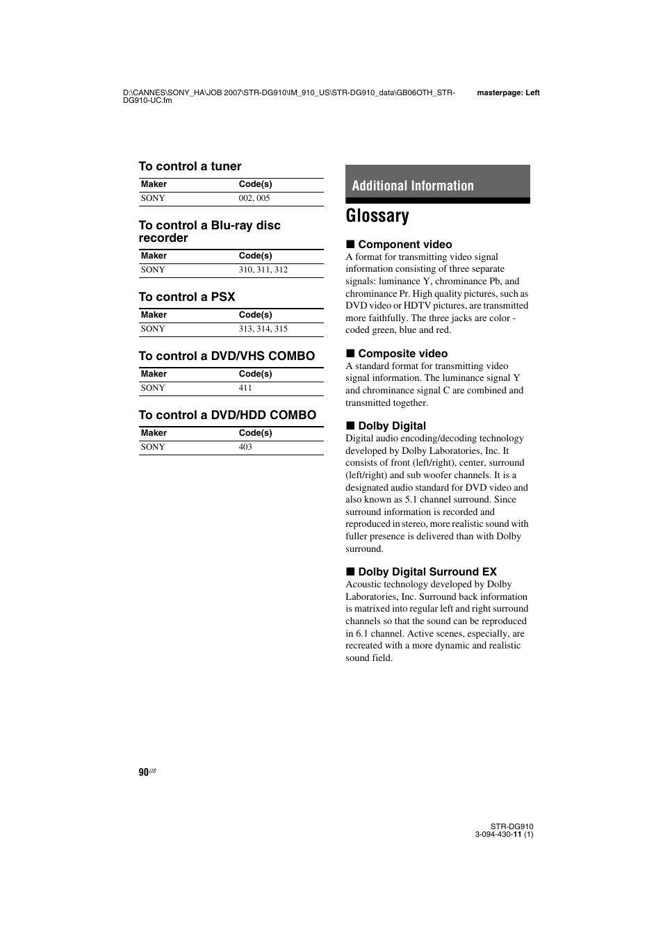 Additional information, Glossary | Sony STR-DG910 User Manual | Page 90 / 100