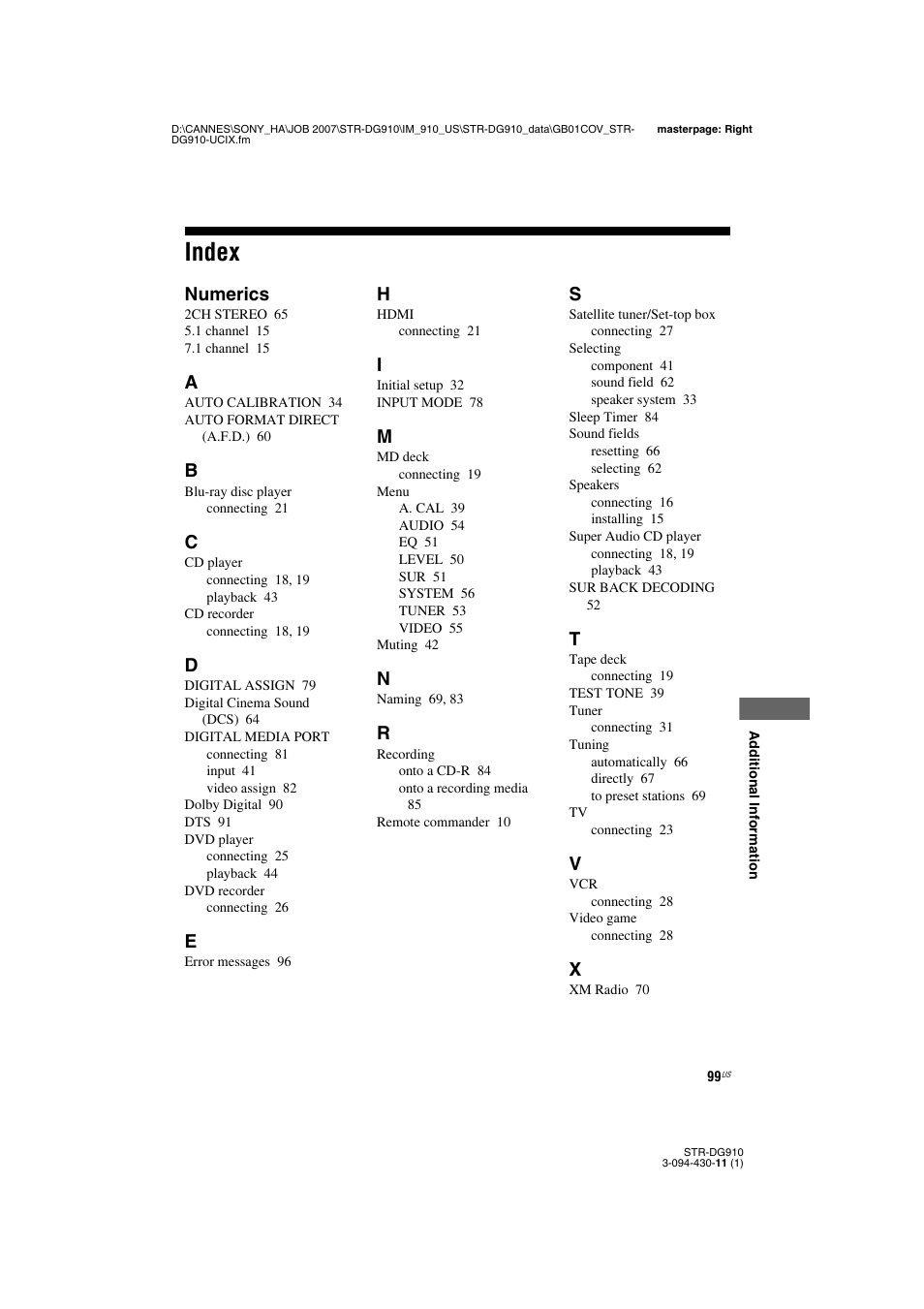 Index, Numerics | Sony STR-DG910 User Manual | Page 99 / 100