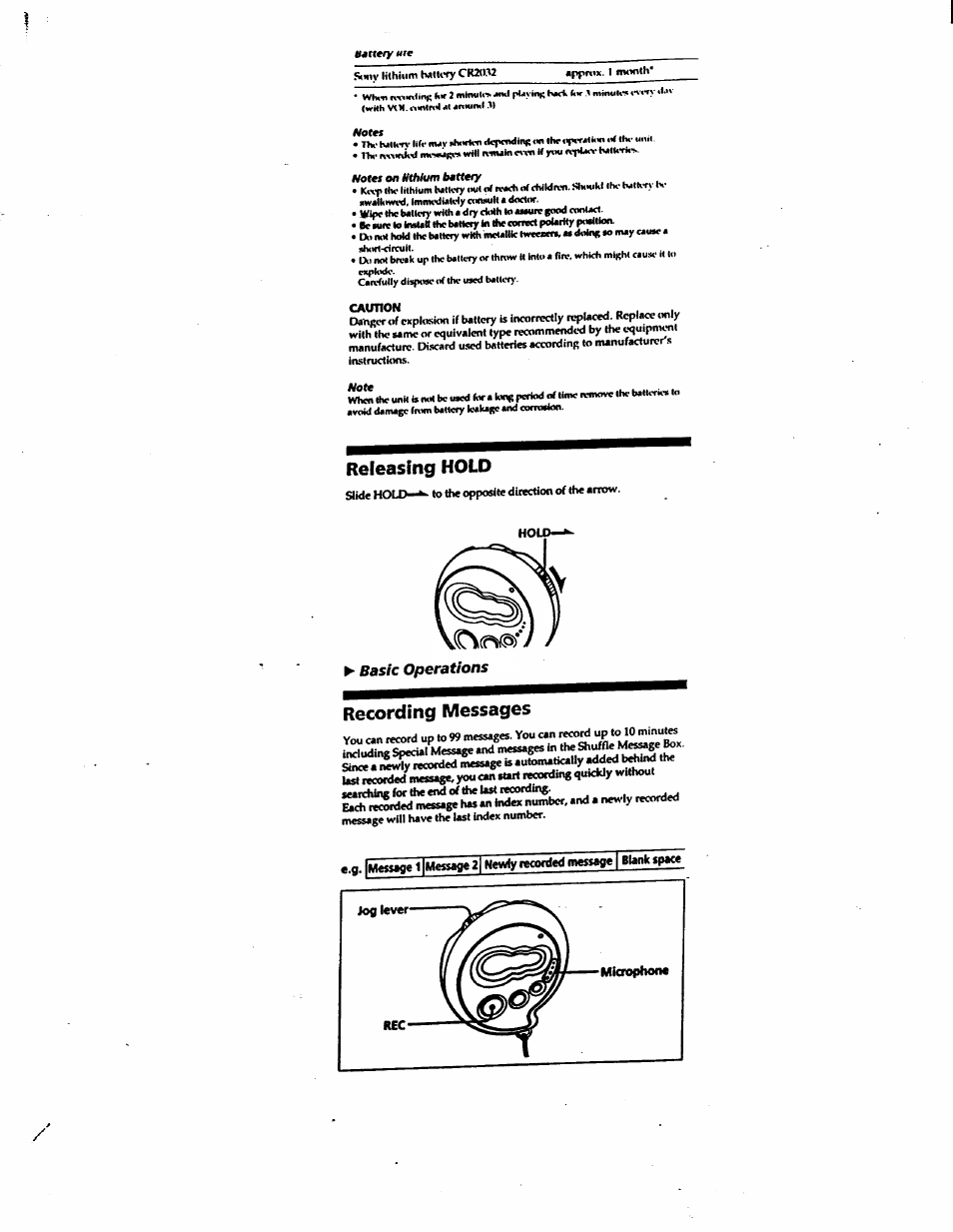 Releasing hold, Hold—k, Recording messages | Basic operations | Sony ICD-V21 User Manual | Page 3 / 9