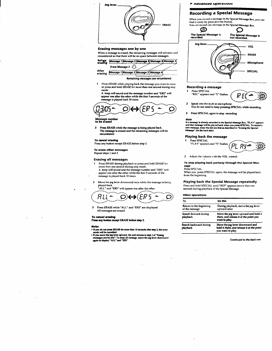 Jog lever, To cancel erasing, To erase other messages | Erasing all messages, To cancel «rasing, Erasing messages one by one, Recording a special message, Recording a message, Playing back the message, Playing back the special message repeatedly | Sony ICD-V21 User Manual | Page 5 / 9