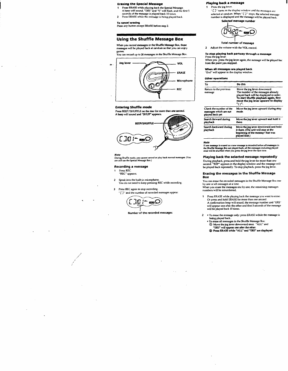 Recording a message, Number of the recorded messages, Playing back a message | Total number of message, Playing back the selected message repeatedly, Erasing the messages in the shuffle message box, Using the shuffle message box | Sony ICD-V21 User Manual | Page 6 / 9