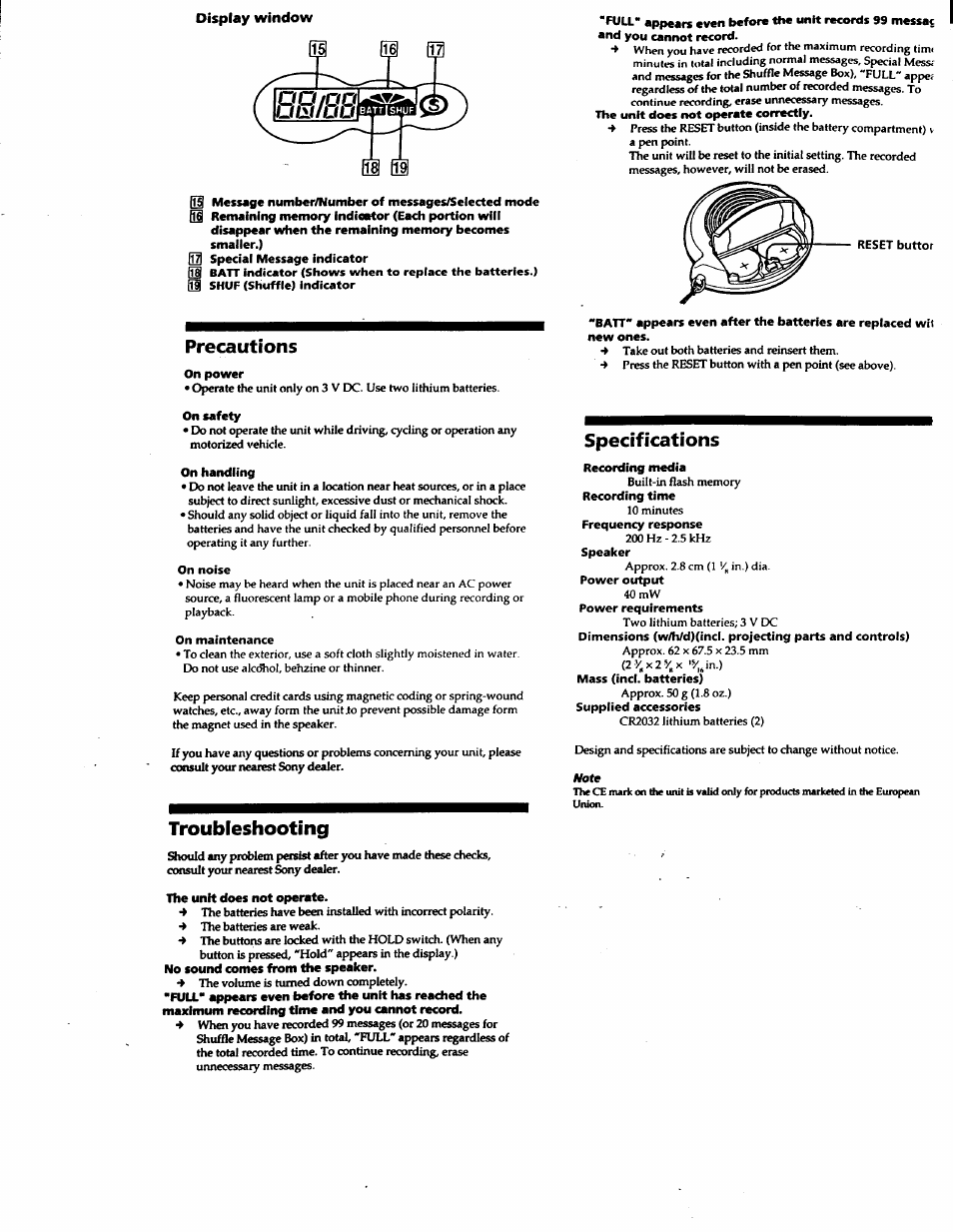 Precautions, Troubleshooting, Specifications | Sony ICD-V21 User Manual | Page 8 / 9