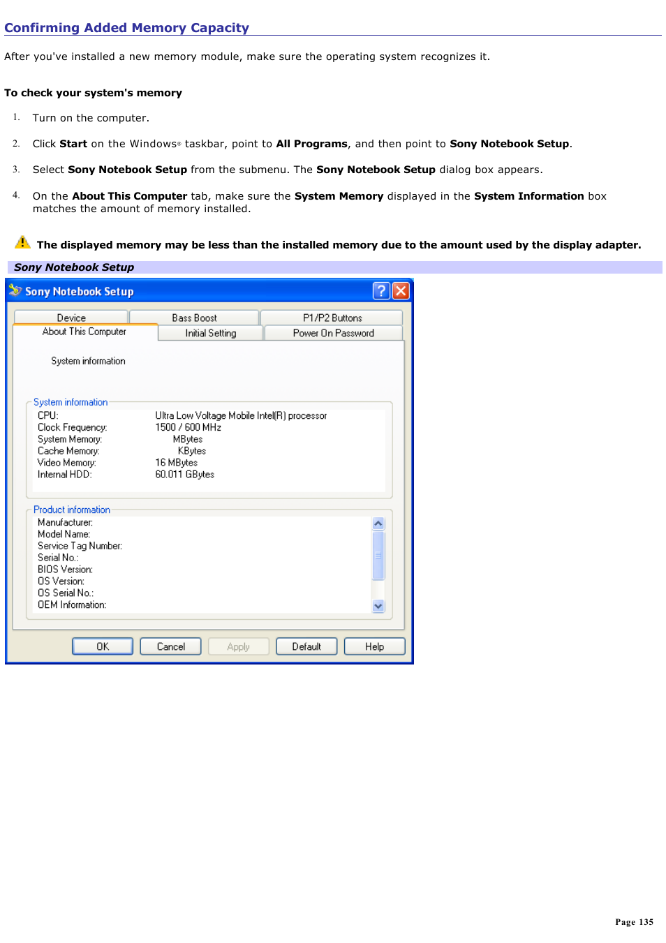 Confirming added memory capacity | Sony PCG-Z1RAP3 User Manual | Page 135 / 147