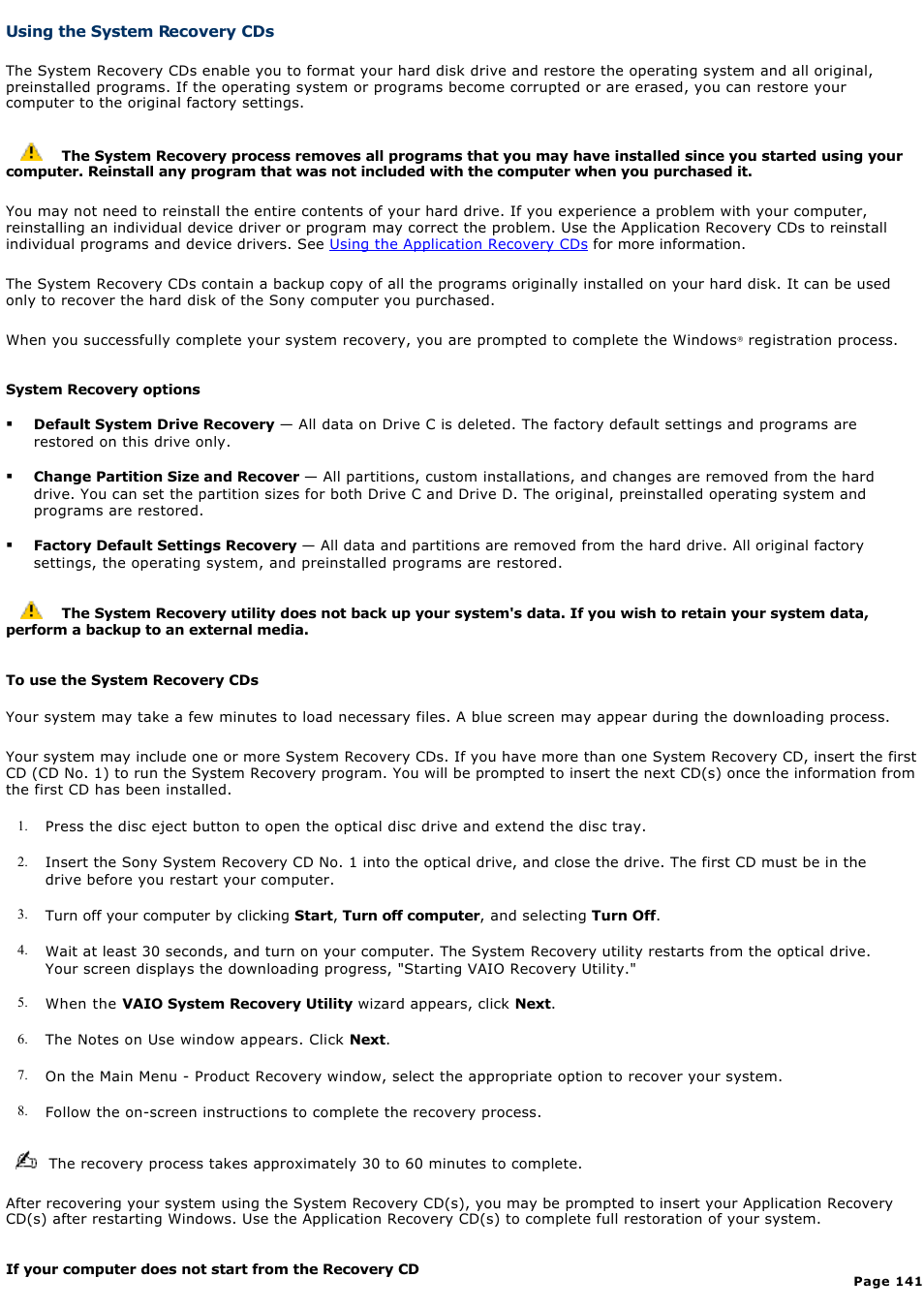 Using the system recovery cds | Sony PCG-Z1RAP3 User Manual | Page 141 / 147