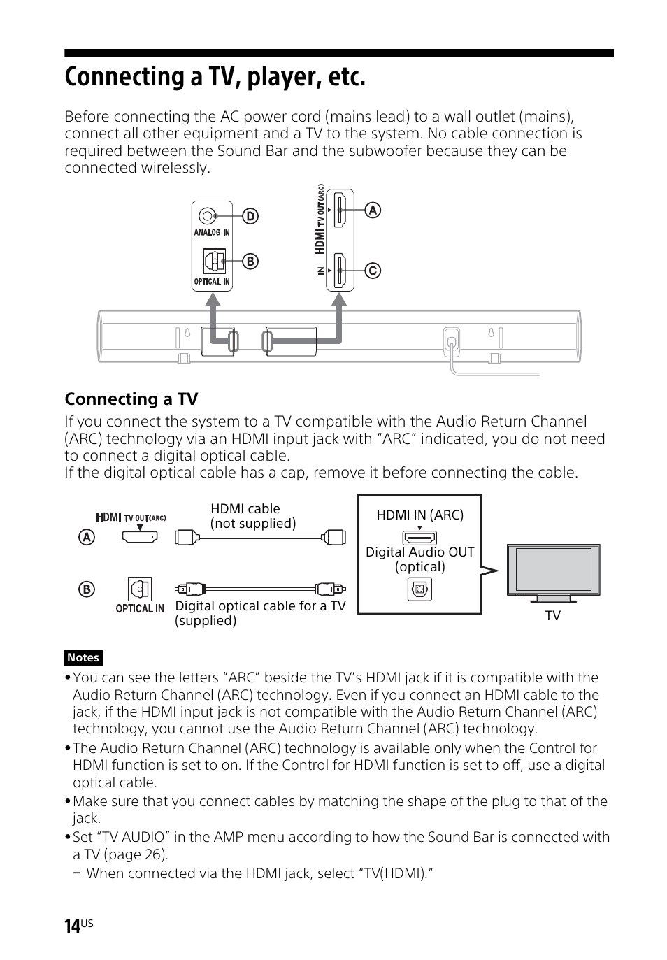 Connecting a tv, player, etc, Connecting a tv, player, Connecting a tv | Sony HT-CT260H User Manual | Page 14 / 108