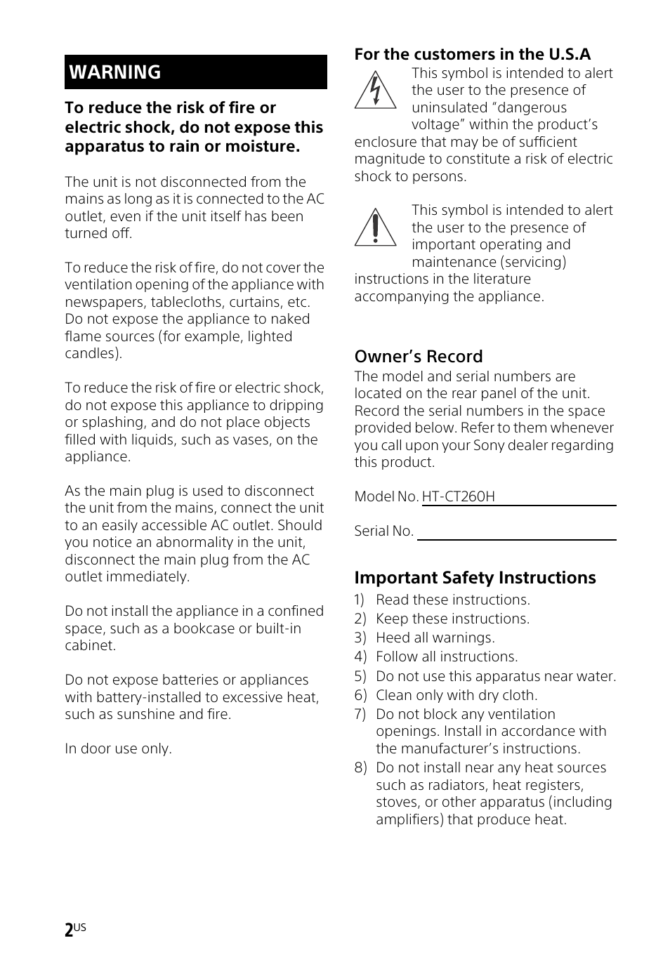 Warning | Sony HT-CT260H User Manual | Page 2 / 108