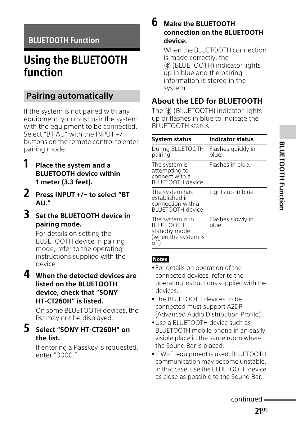Bluetooth function, Using the bluetooth function, Using the bluetooth | Function, Bluetooth function pairing automatically | Sony HT-CT260H User Manual | Page 21 / 108