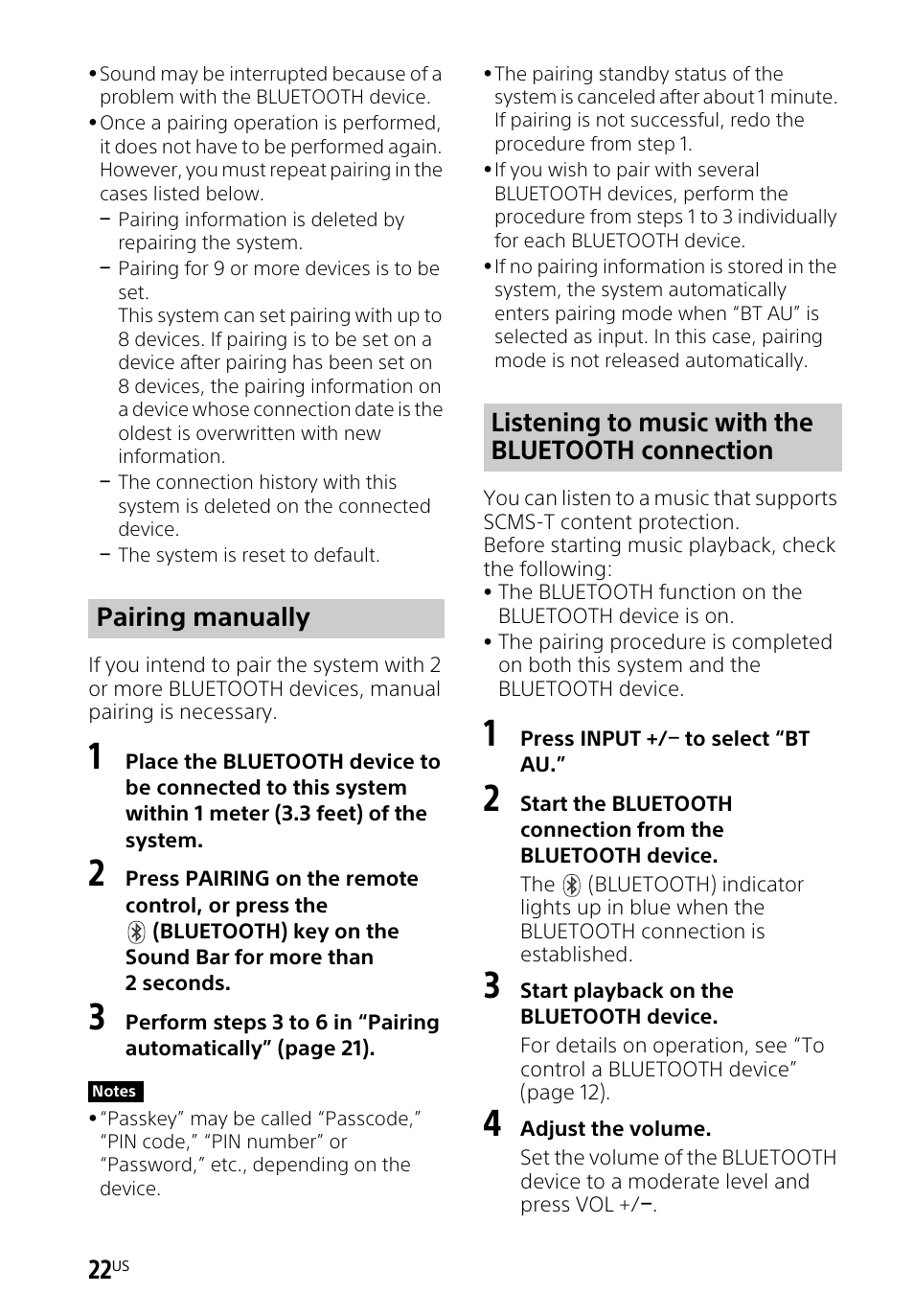 Pairing manually, Listening to music with the bluetooth connection | Sony HT-CT260H User Manual | Page 22 / 108