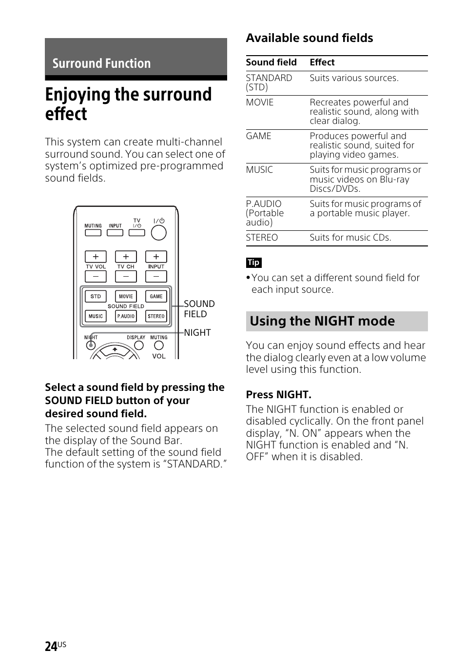 Surround function, Enjoying the surround effect, Enjoying the surround | Effect, Using the night mode, Available sound fields | Sony HT-CT260H User Manual | Page 24 / 108