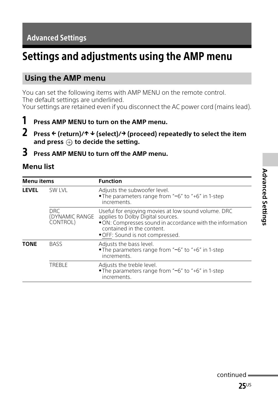 Advanced settings, Settings and adjustments using the amp menu, Settings and adjustments | Using the amp menu, Advanced settings using the amp menu | Sony HT-CT260H User Manual | Page 25 / 108