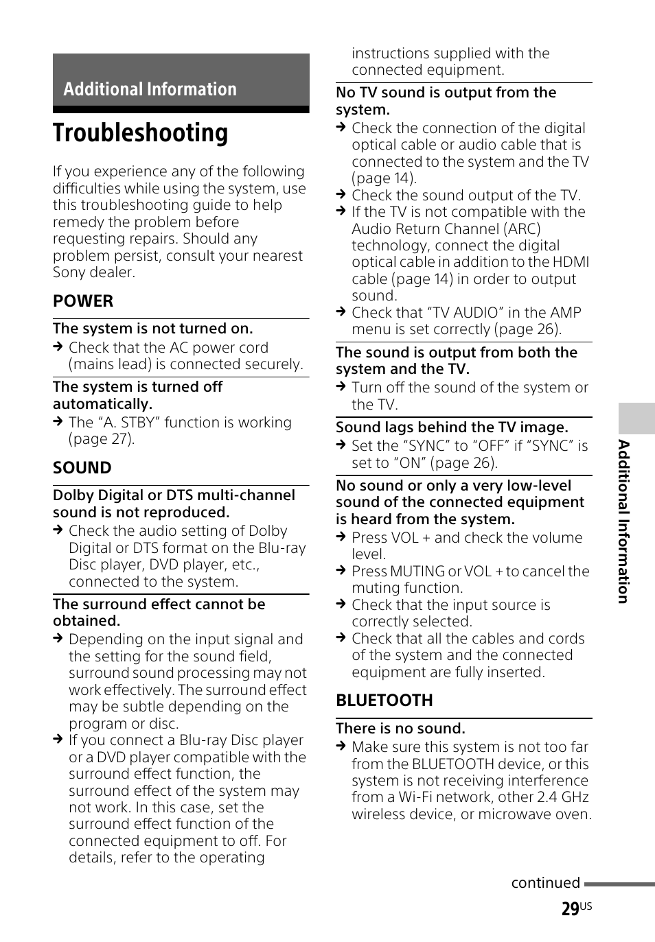 Additional information, Troubleshooting | Sony HT-CT260H User Manual | Page 29 / 108