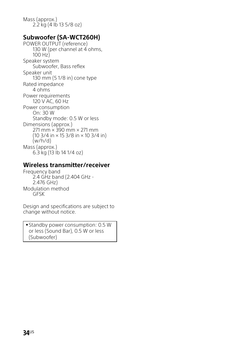 Subwoofer (sa-wct260h), Wireless transmitter/receiver | Sony HT-CT260H User Manual | Page 34 / 108