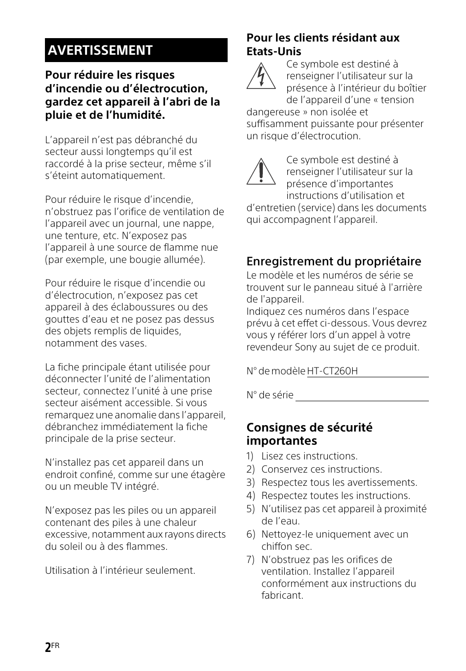 Avertissement | Sony HT-CT260H User Manual | Page 36 / 108