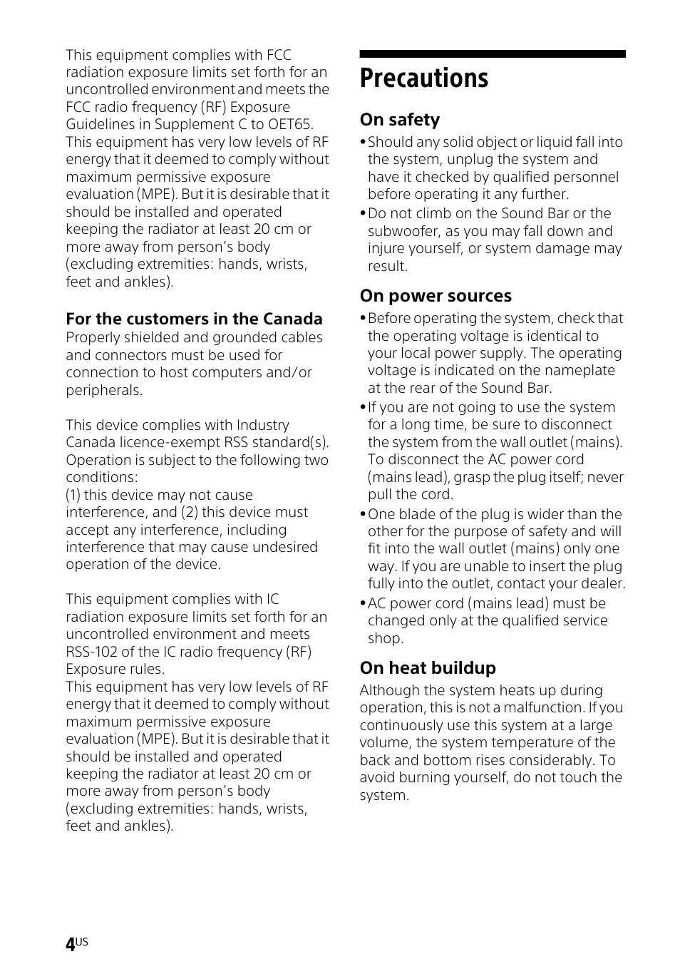 Precautions, On safety, On power sources | On heat buildup | Sony HT-CT260H User Manual | Page 4 / 108