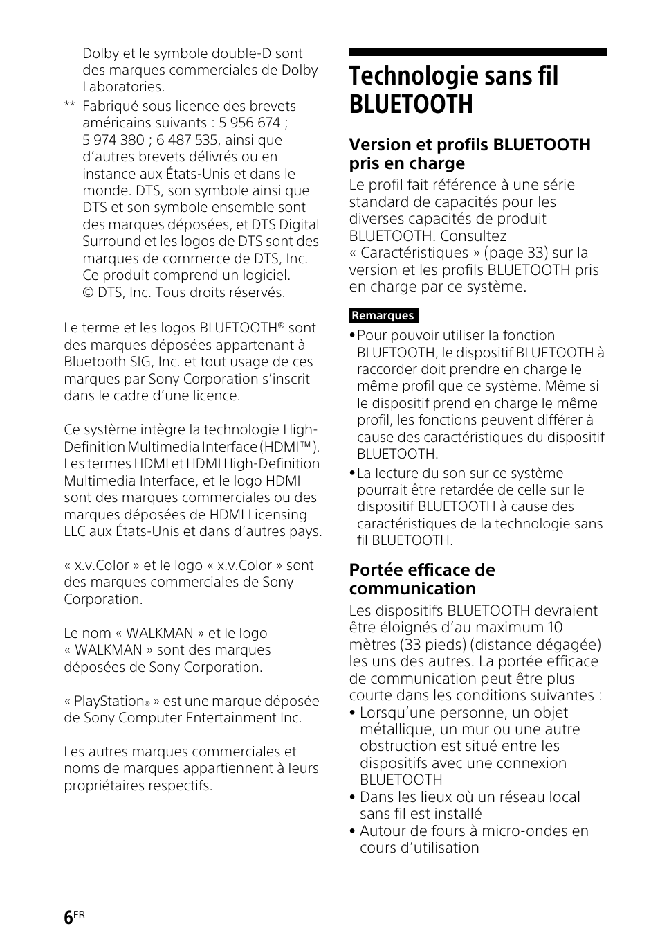 Technologie sans fil bluetooth, Version et profils bluetooth pris en charge, Portée efficace de communication | Sony HT-CT260H User Manual | Page 40 / 108
